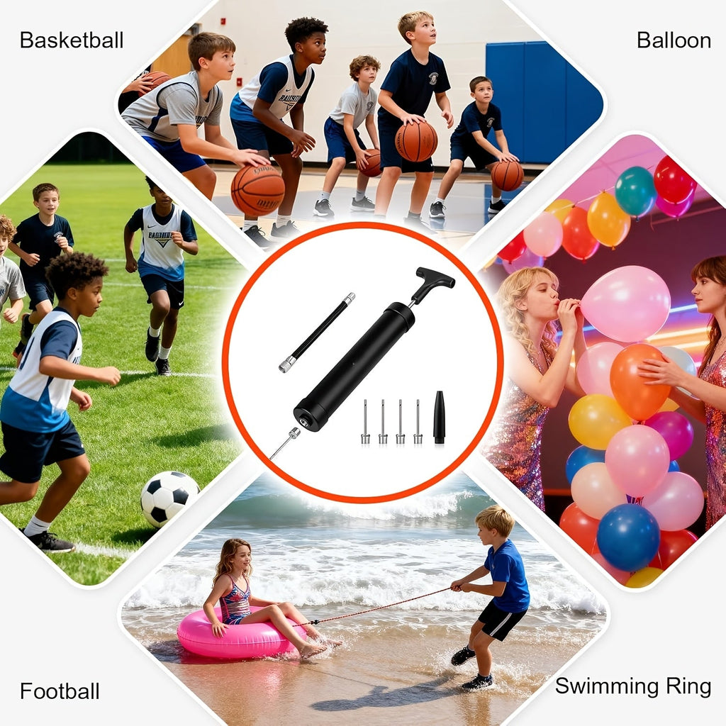 Portable Ball Pump Kit 8 Inch – Manual Air Pump with 5 Needles, Nozzle & Extension Hose for Basketball, Soccer, Football, Volleyball & Rugby – Compact Sports Ball Inflator, Black