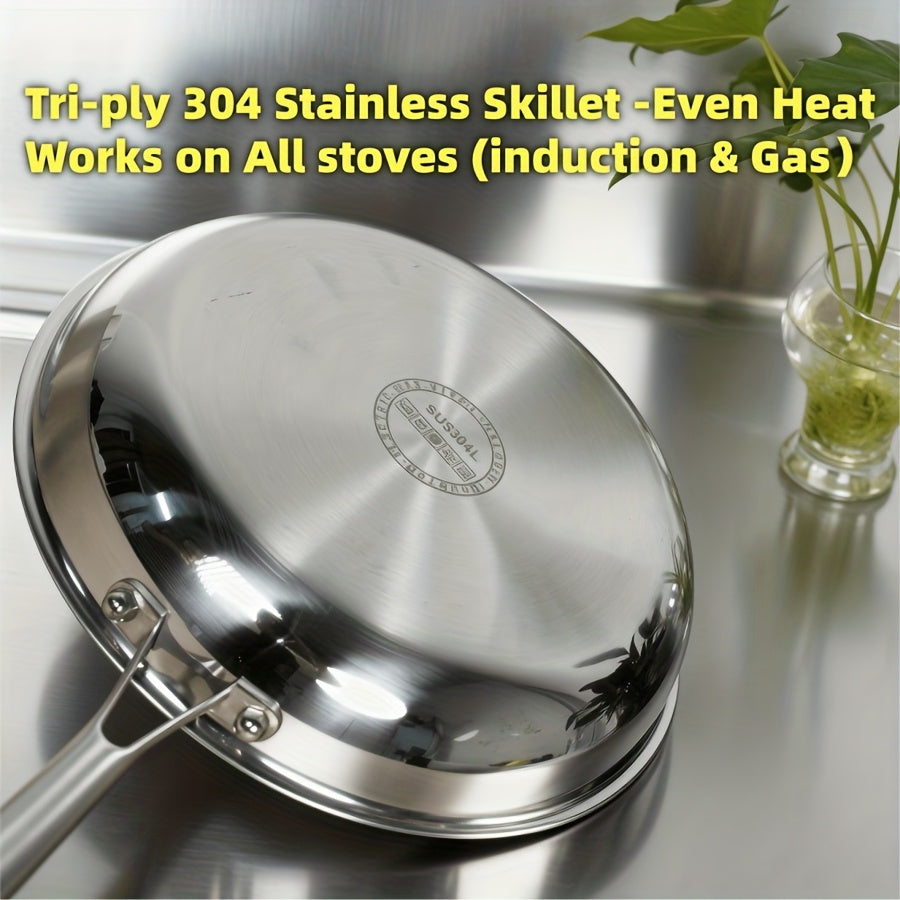 304 Stainless Steel Frying Pan Skillet - 3-Ply Base Even Heat Distribution, Induction & Gas Compatible, Rivet-Free Interior, Healthy Non-Toxic Cooking Cookware for Home Kitchen