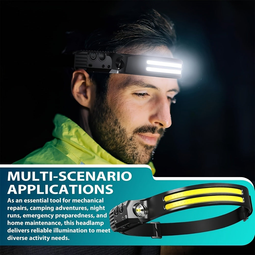 COB LED Headlamp 2 Pack 230° Wide Beam Motion Sensor Rechargeable Head Torch for Hiking Running Fishing Camping Hard Hat