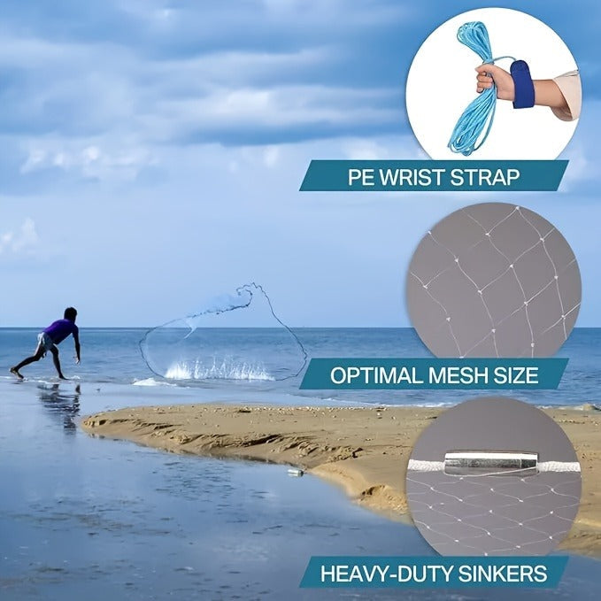 Fishing Cast Net 8FT 10FT with Real Zinc Sinker Weights, Nylon Monofilament Mesh 1.3cm, Heavy Duty Saltwater Bait Trap Net Easy Throw for American Fishing 240/300 Steel Drop