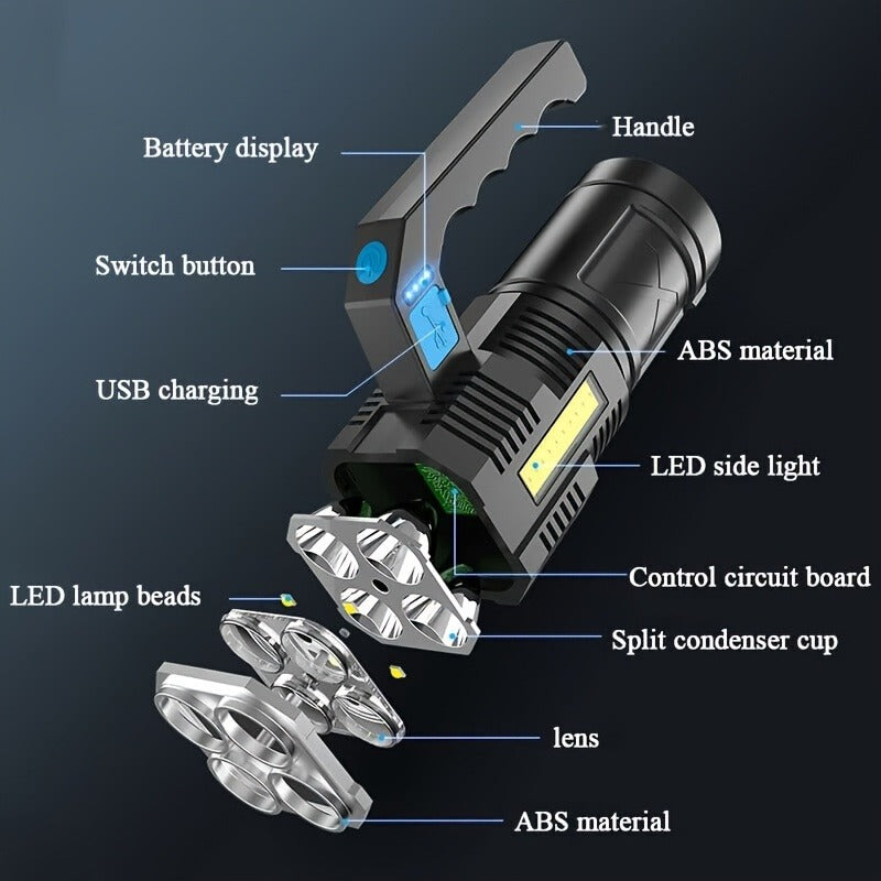 Rechargeable LED Flashlight 6-Pack - Transparent COB Side Light, 6 Modes Multifunction Handheld Torch, ABS Body for Camping, Hiking, Work & Emergency Power Outage