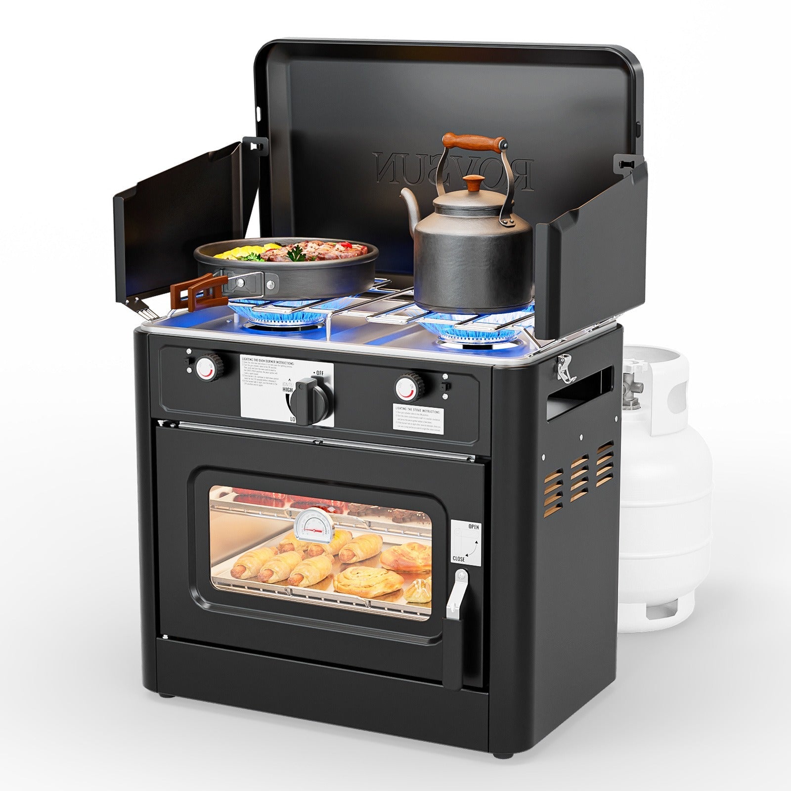 Camping Stove with Oven 2-in-1 – Portable Propane Double Burner 16,000 BTU & Outdoor Oven Combo with Auto-Ignition & Thermometer | Camping, Backyard & Picnic Cooking