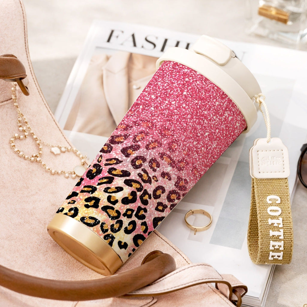 Insulated Stainless Steel Tumbler 18oz - Pink Glitter & Golden Leopard Print, Leak-Proof Foldable Straw Lid, Keep Hot 12H Cold 24H, Trendy Travel Coffee Cup Gift for Women