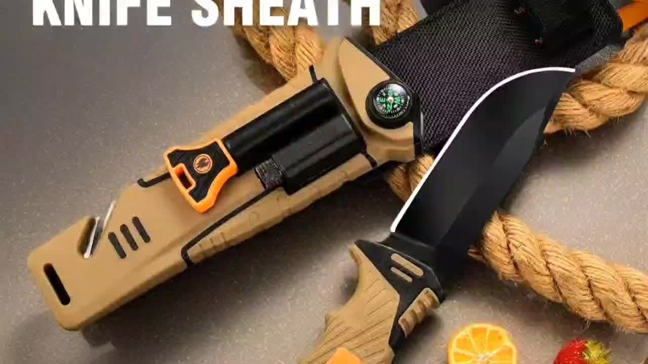 Fixed Blade Outdoor Camping Knife 9.64 Inch Stainless Steel, Survival Hunting Knife with Flint Fire Starter Night Light Sharpener Safety Sheath, Non-Slip Ambidextrous Handle for Hiking Mountaineering Adventure