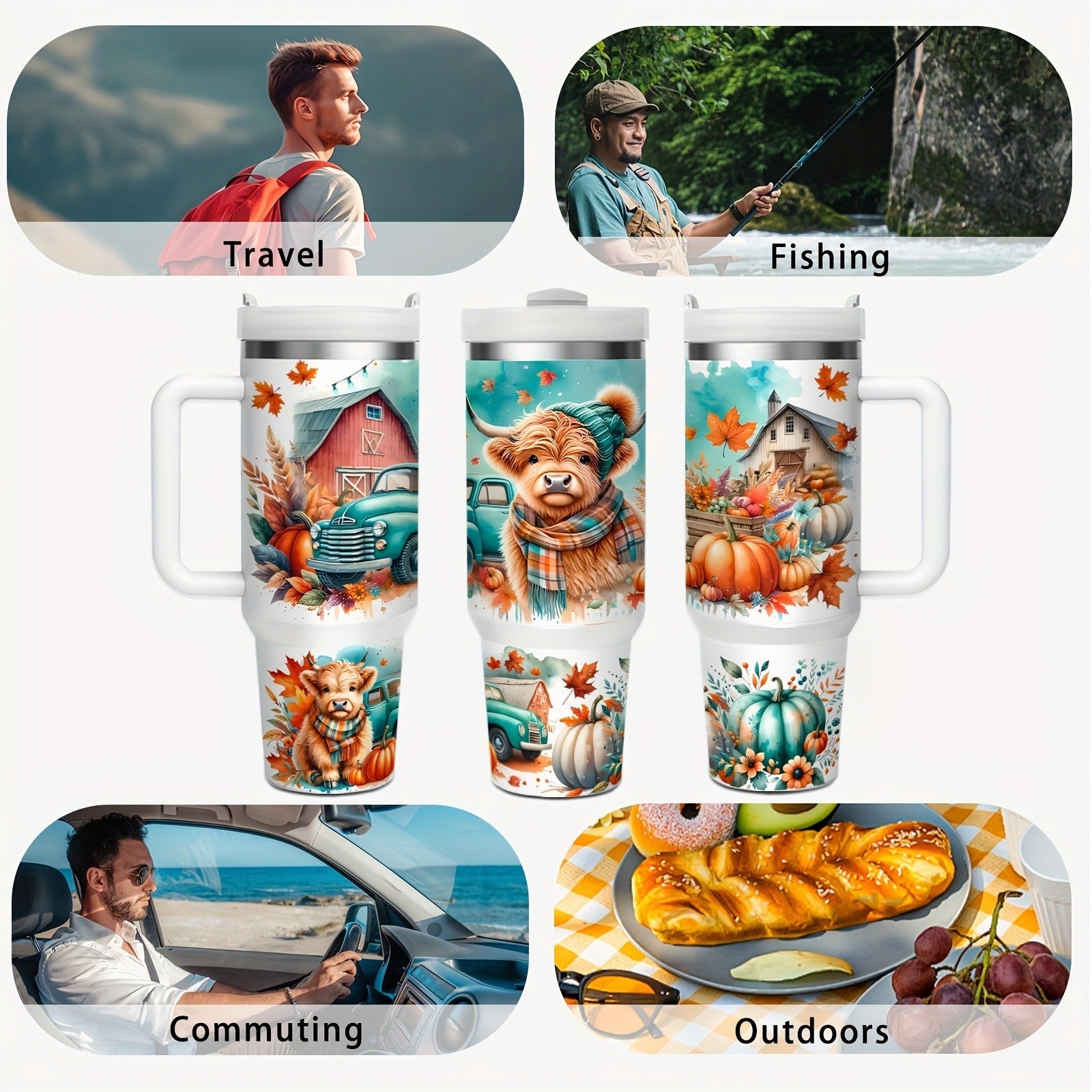 Stainless Steel Insulated Tumbler With Lid and Straw, 40oz & 16oz Highland Cow Thanksgiving Water Bottle With Handle, Keeps Cold 24 Hours Hot 12 Hours, Portable Travel Cup for Car Home Office Birthday Gift