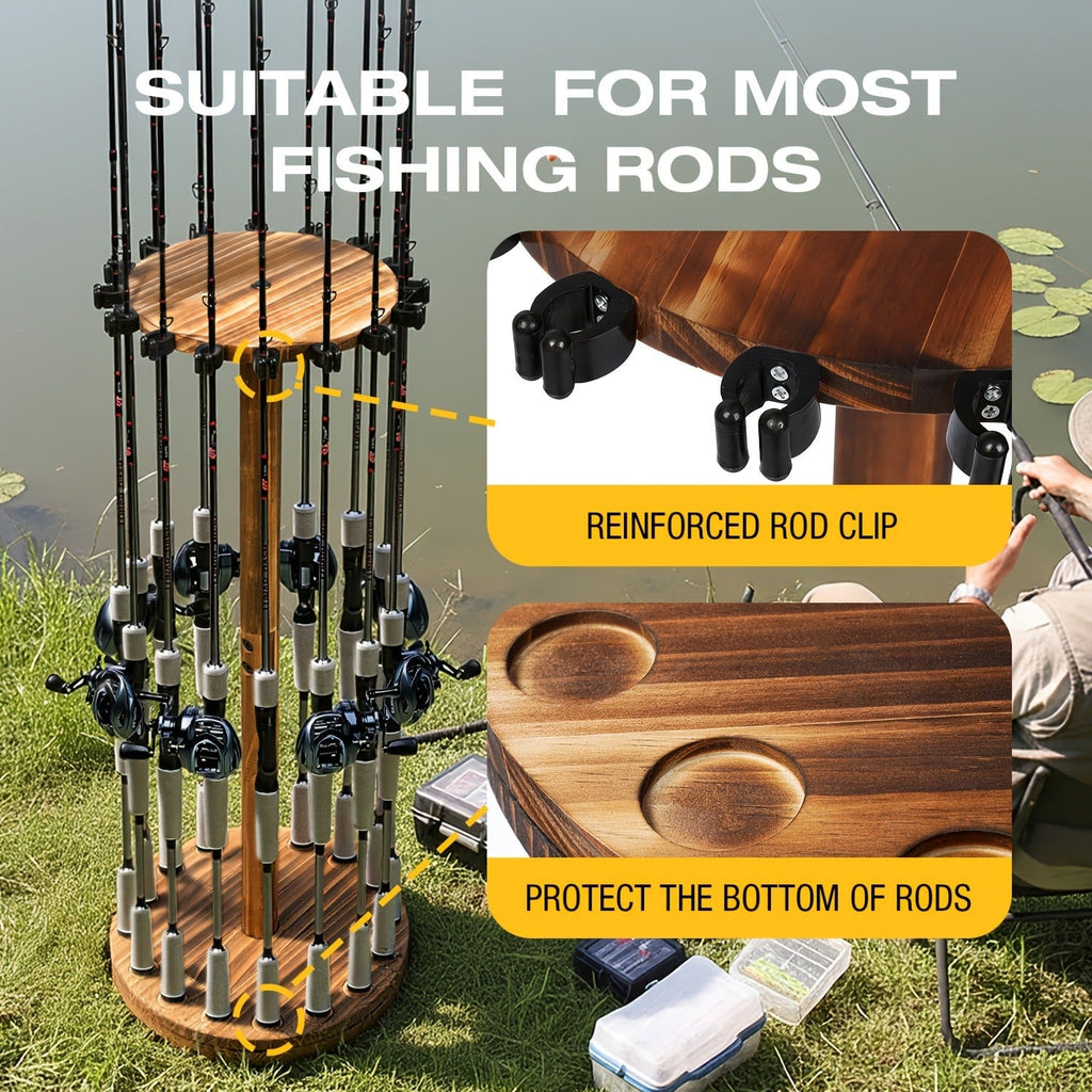 Wooden Fishing Rod Rack 360 Degree Rotating Circular Holds 16 Rods Space Saving Fishing Pole Organizer for Garage Home Storage