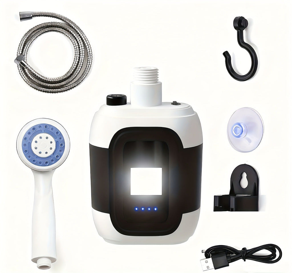Portable Outdoor Shower with Light 2-in-1 – 2000mAh Rechargeable, Power Display, Spray Nozzle, Hose & Suction Cup – Camping, Hiking, Pet Bathing & Car Cleaning Shower Pump