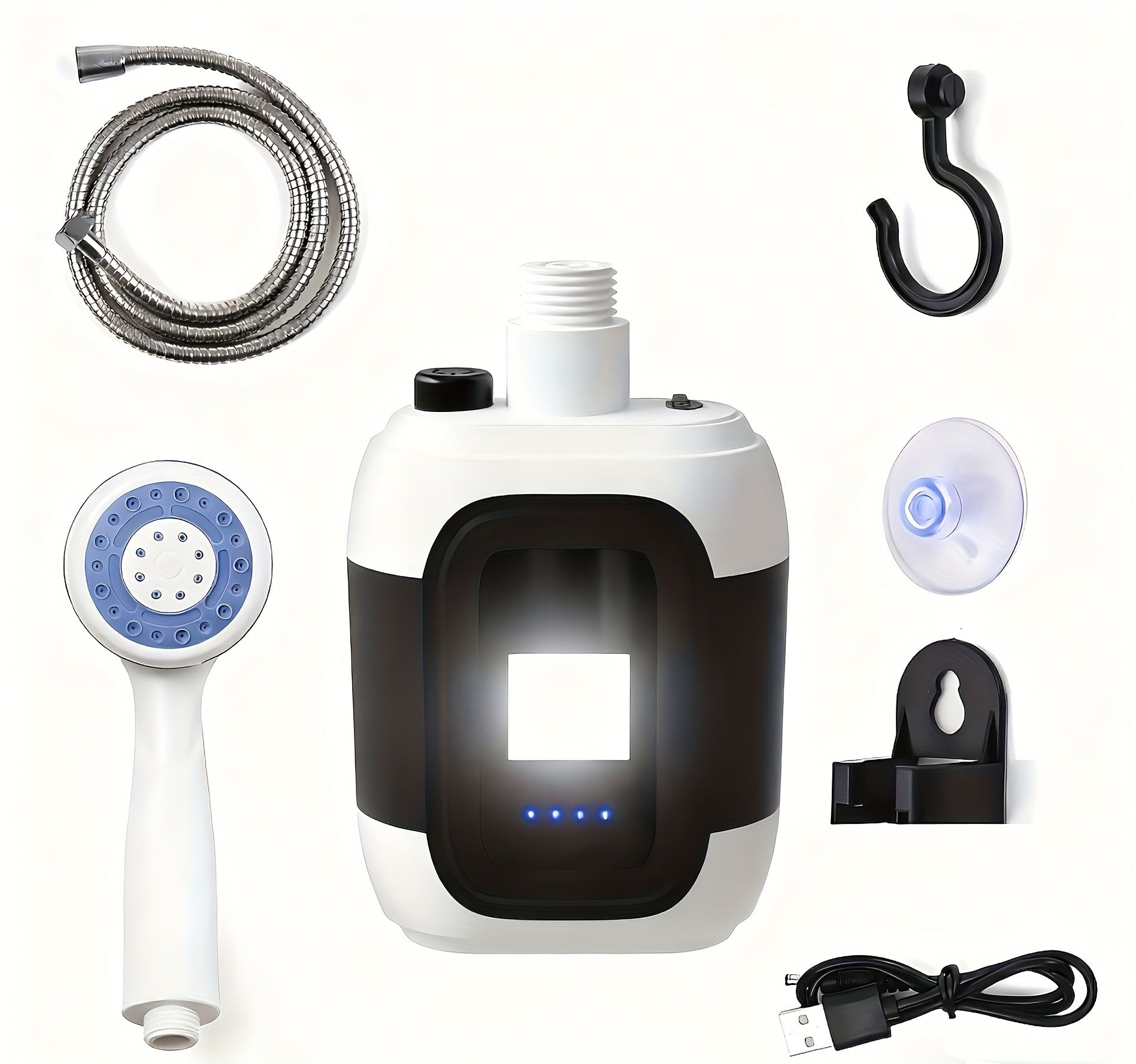 Portable Outdoor Shower with Light 2-in-1 – 2000mAh Rechargeable, Power Display, Spray Nozzle, Hose & Suction Cup – Camping, Hiking, Pet Bathing & Car Cleaning Shower Pump