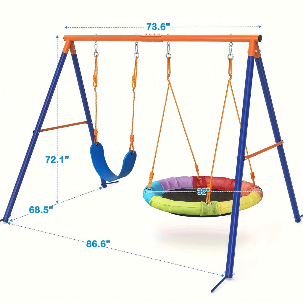 Outdoor Swing Set for Kids 3-in-1 Metal A-Frame 550 lbs Disc Saucer Swing Backyard Playground