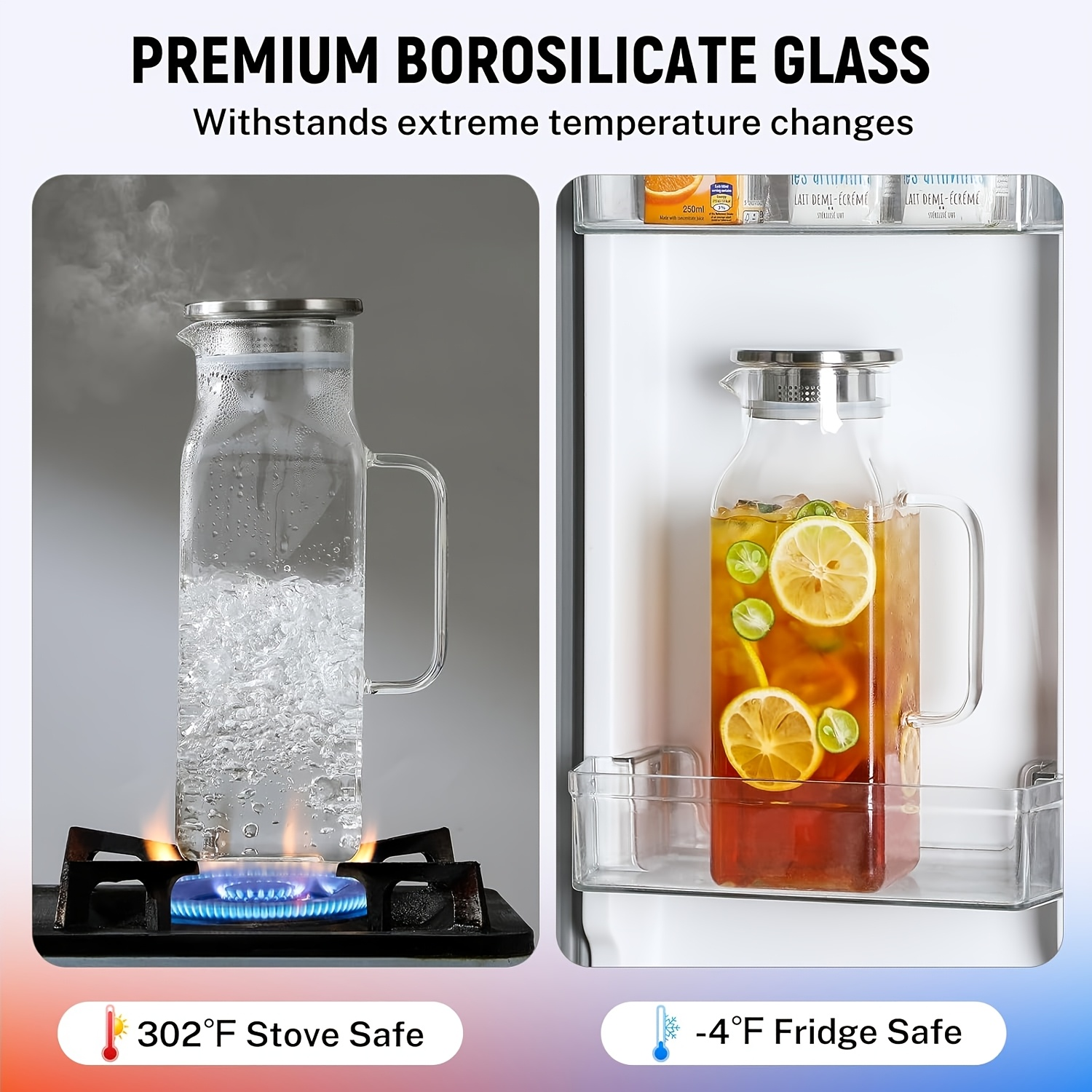 Glass Pitcher with Lid & Handle 68oz – Square Borosilicate Water Jug for Fridge | Heat Resistant Iced Tea Carafe, Cold Brew Coffee Server & Beverage Pitcher for Juice, Milk & Sangria