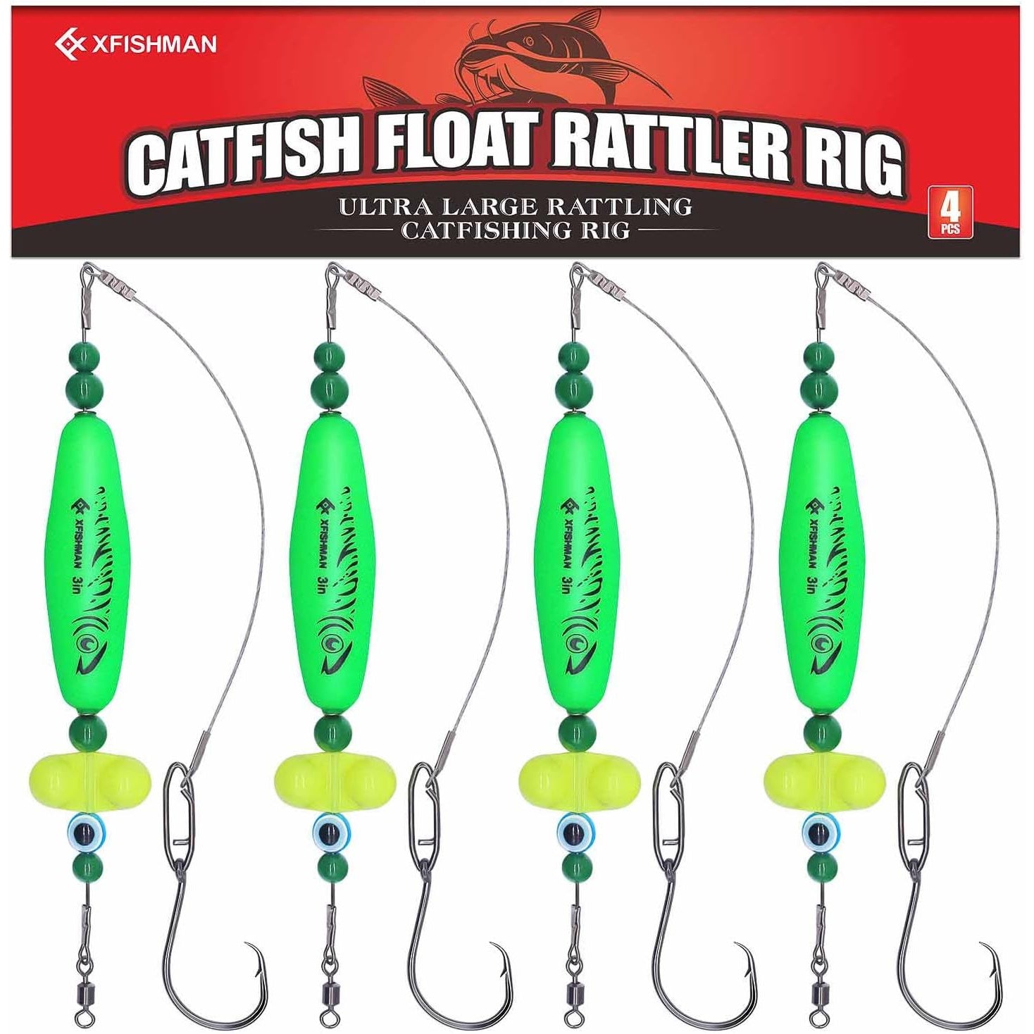 Catfish Rig Santee Cooper Float with Rattler 4pcs Set, Catfishing Tackle Rattle Float Rig for Bank Fishing, High-Quality Circle Hooks Sound Wave Lure for Freshwater Catfish, 2.5 Inch Green
