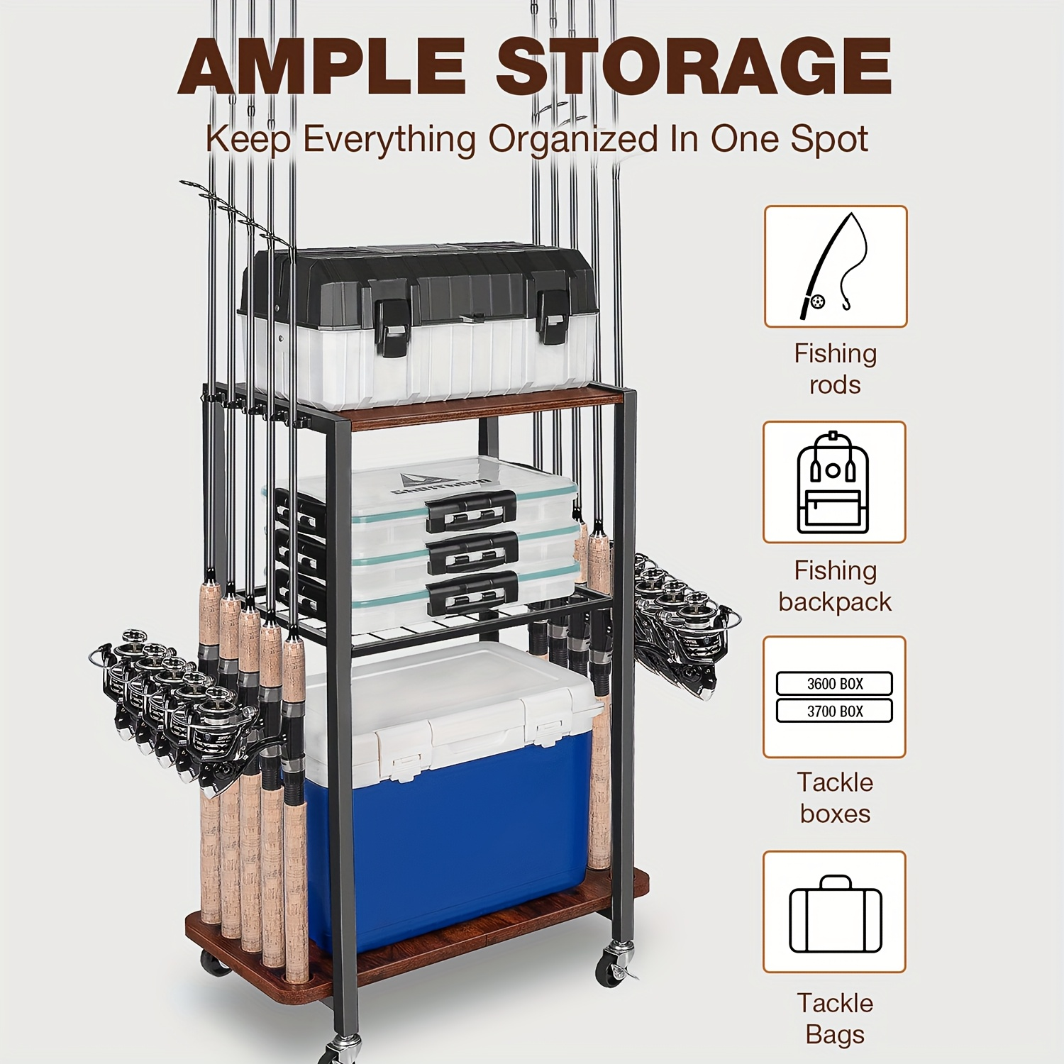 Fishing Rod Holder Rack Rotating Tackle Storage Cart Iron Wood Holds 10 to 12 Rods Garage Fishing Pole Organizer with Wheels Fishing Gear Gift for Men and Women Father Mother