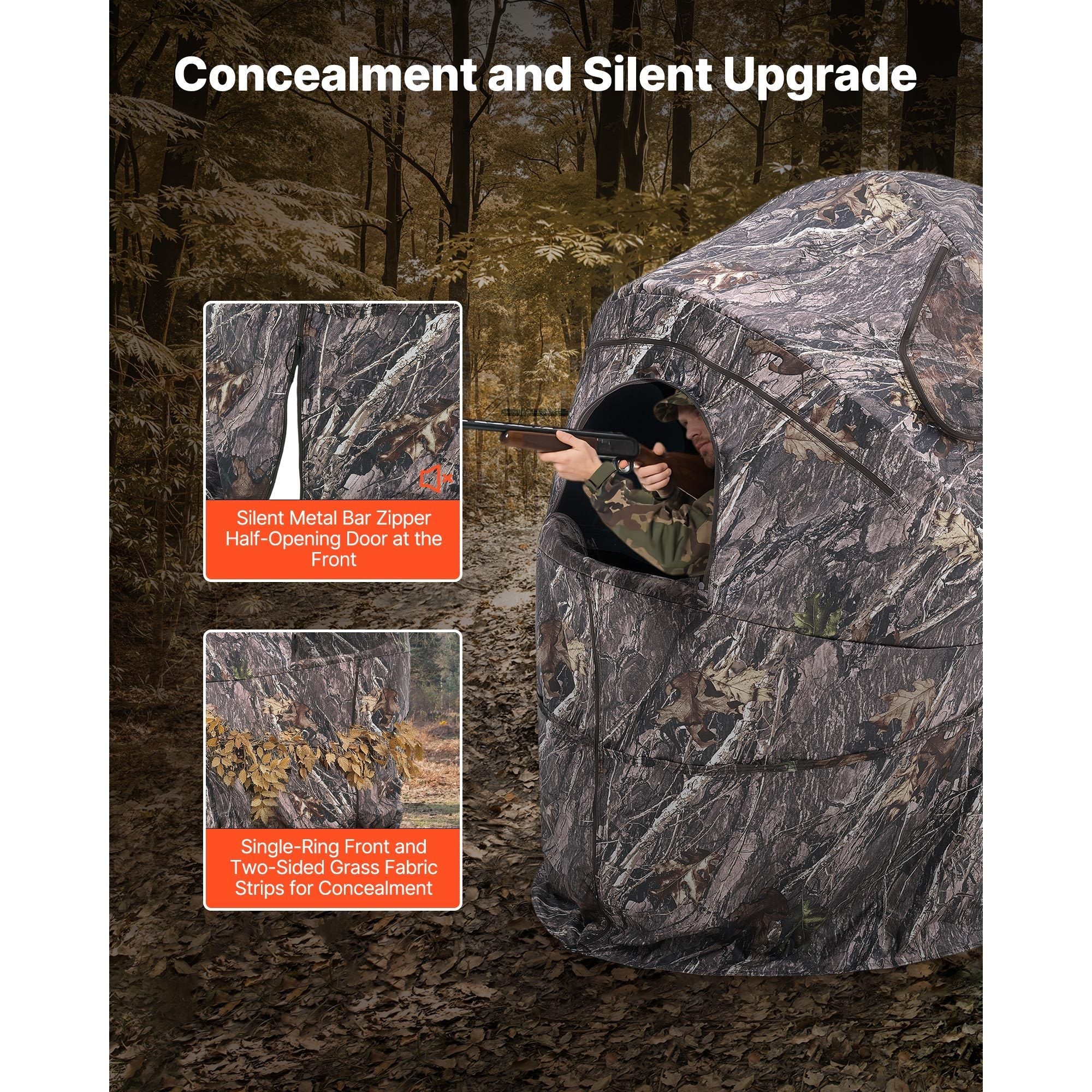 Hunting Blind Ground Blind for Deer Duck Turkey Hunting Single Person Pop Up Blind with Carrying Bag 44x36x53 In Camouflage Waterproof 150D Fabric Silent Half-Zipper Door