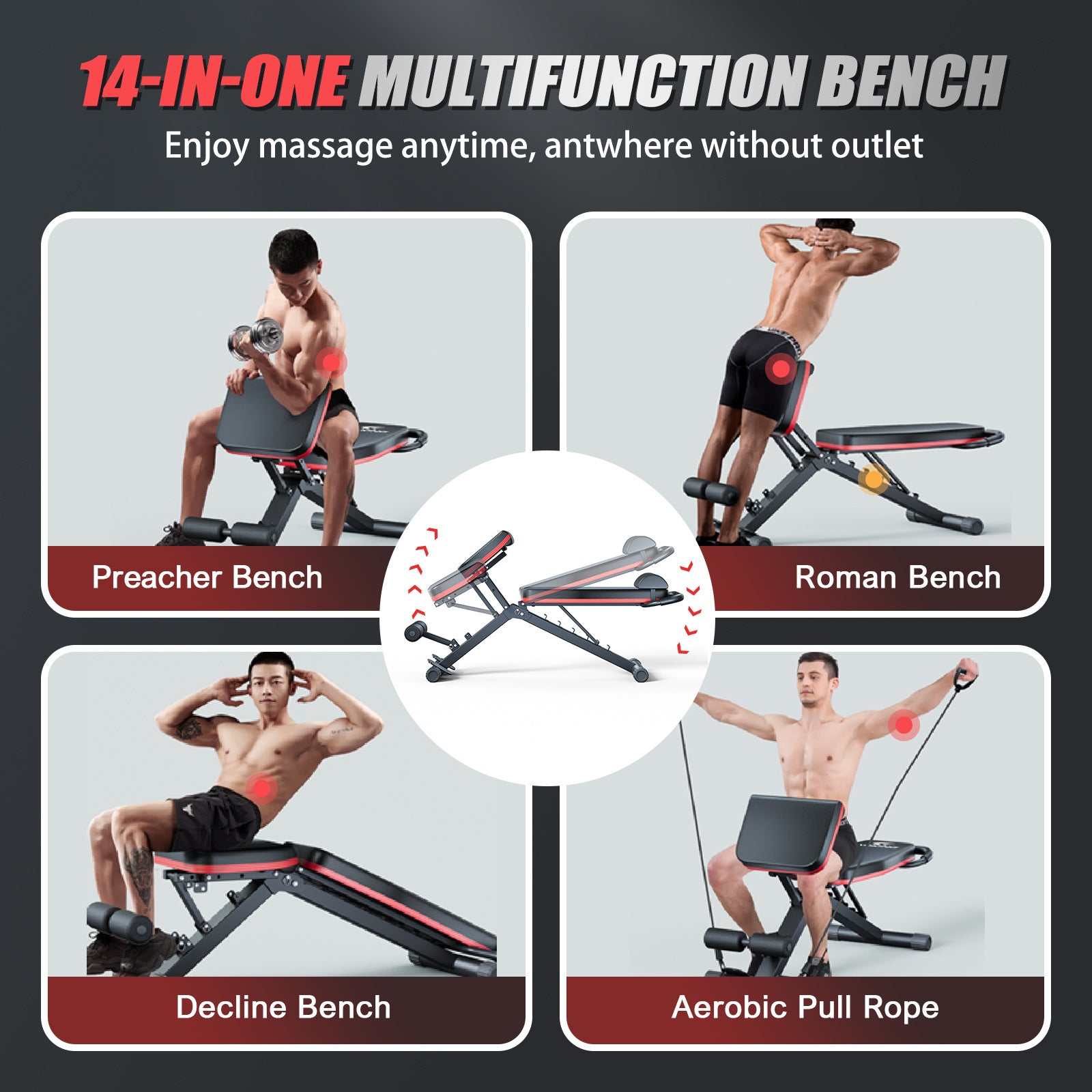 Adjustable Weight Bench 14-in-1 Foldable – 1000 lbs Capacity, 6 Incline Levels, Incline Decline Flat for Home Gym Full Body Workout