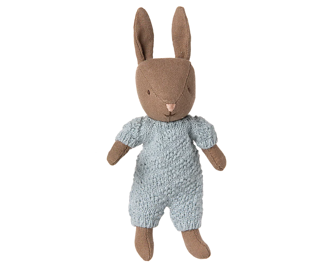 Maileg Rabbit Micro - Brown - Blue Knitted Suit