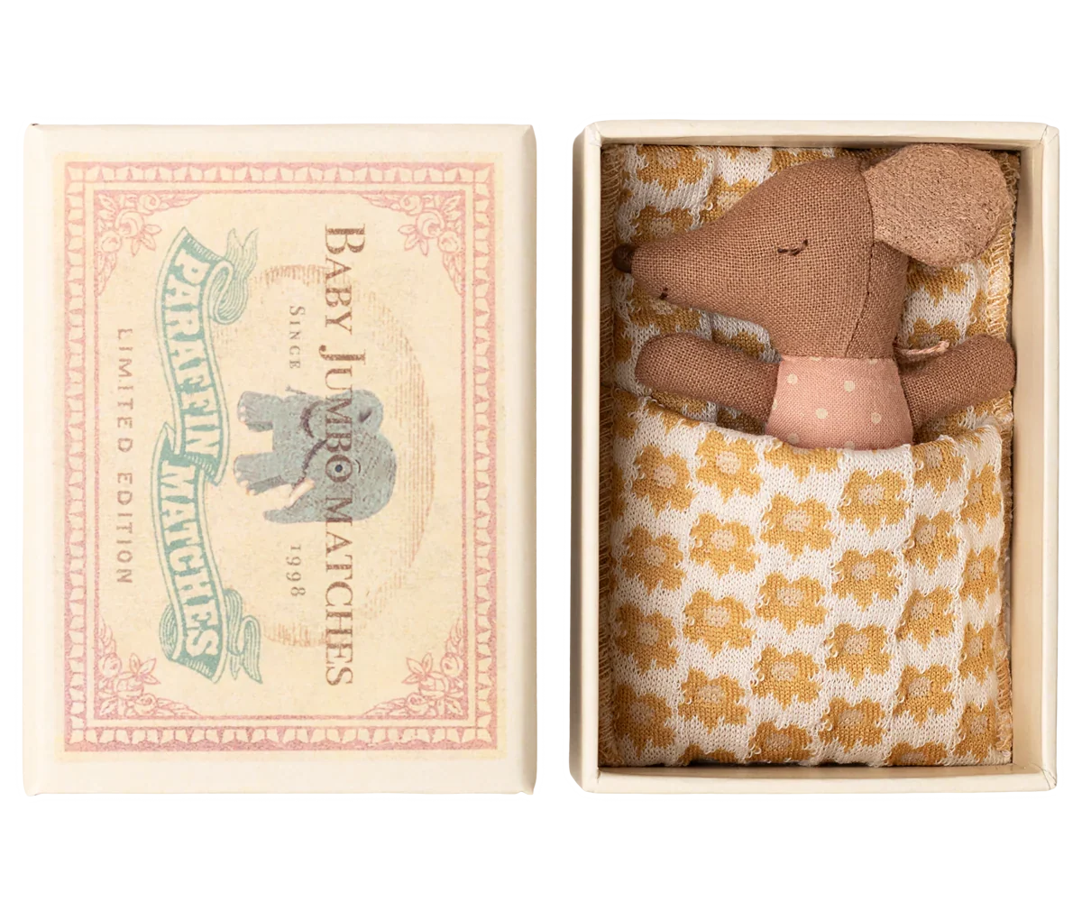 Maileg Sleepy Wakey Baby Mouse in Matchbox - Rose