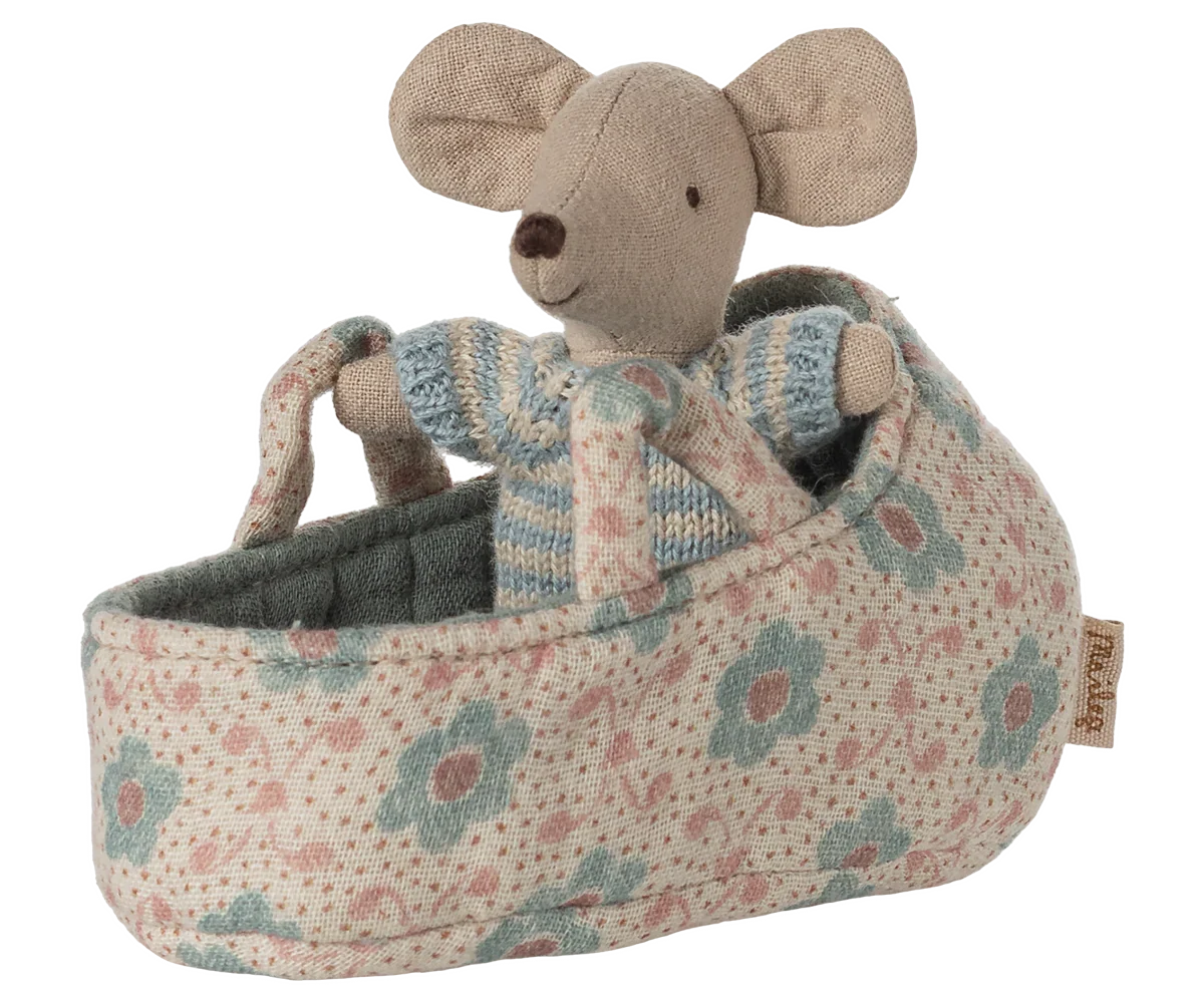 Maileg Baby Mouse in Carry Cot - Blue