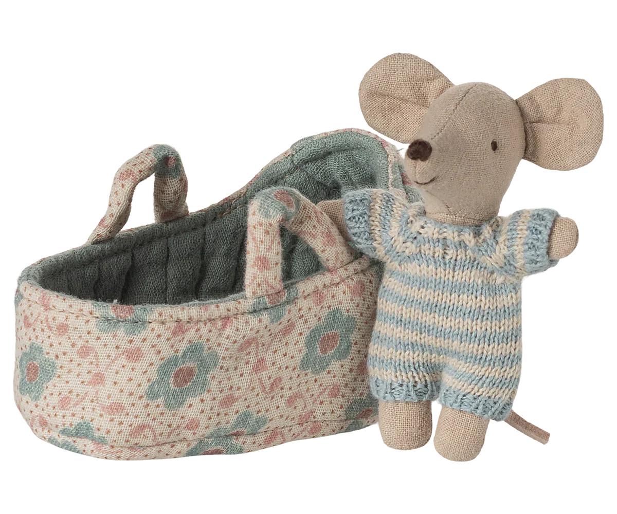 Maileg Baby Mouse in Carry Cot - Blue