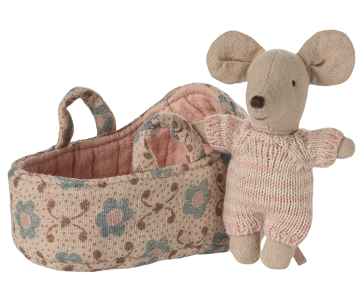 Maileg Baby Mouse in Carry Cot - Rose