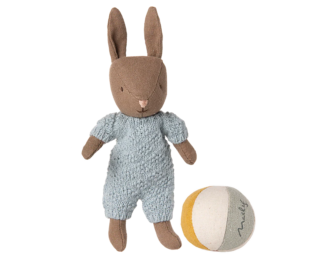 Maileg Micro Bunny With Ball - Brown - Blue (With Magnetic Hands)