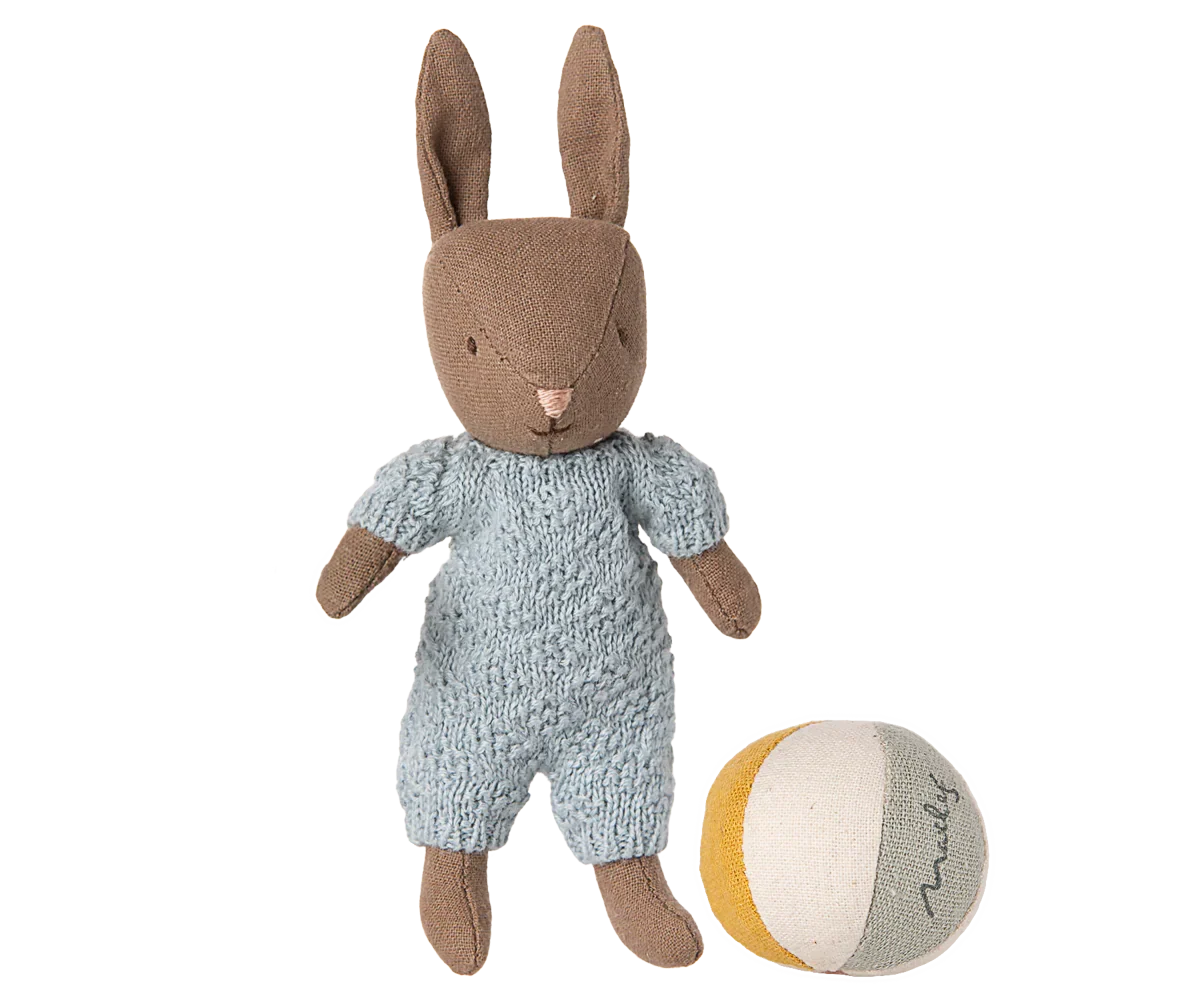 Maileg Micro Bunny With Ball - Brown - Blue (With Magnetic Hands)
