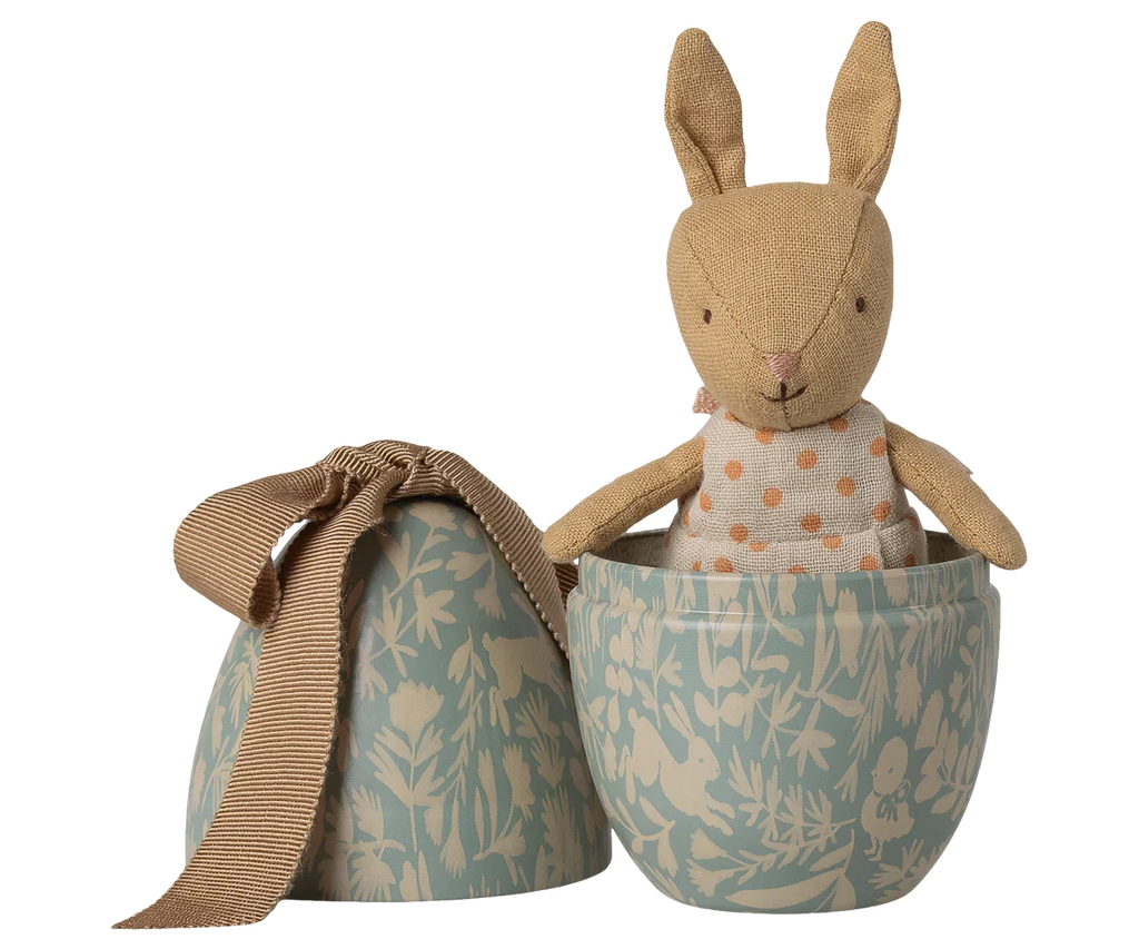 Maileg Easter Egg with Micro Rabbit, Small - Dusty Blue (With Magnetic Hands)