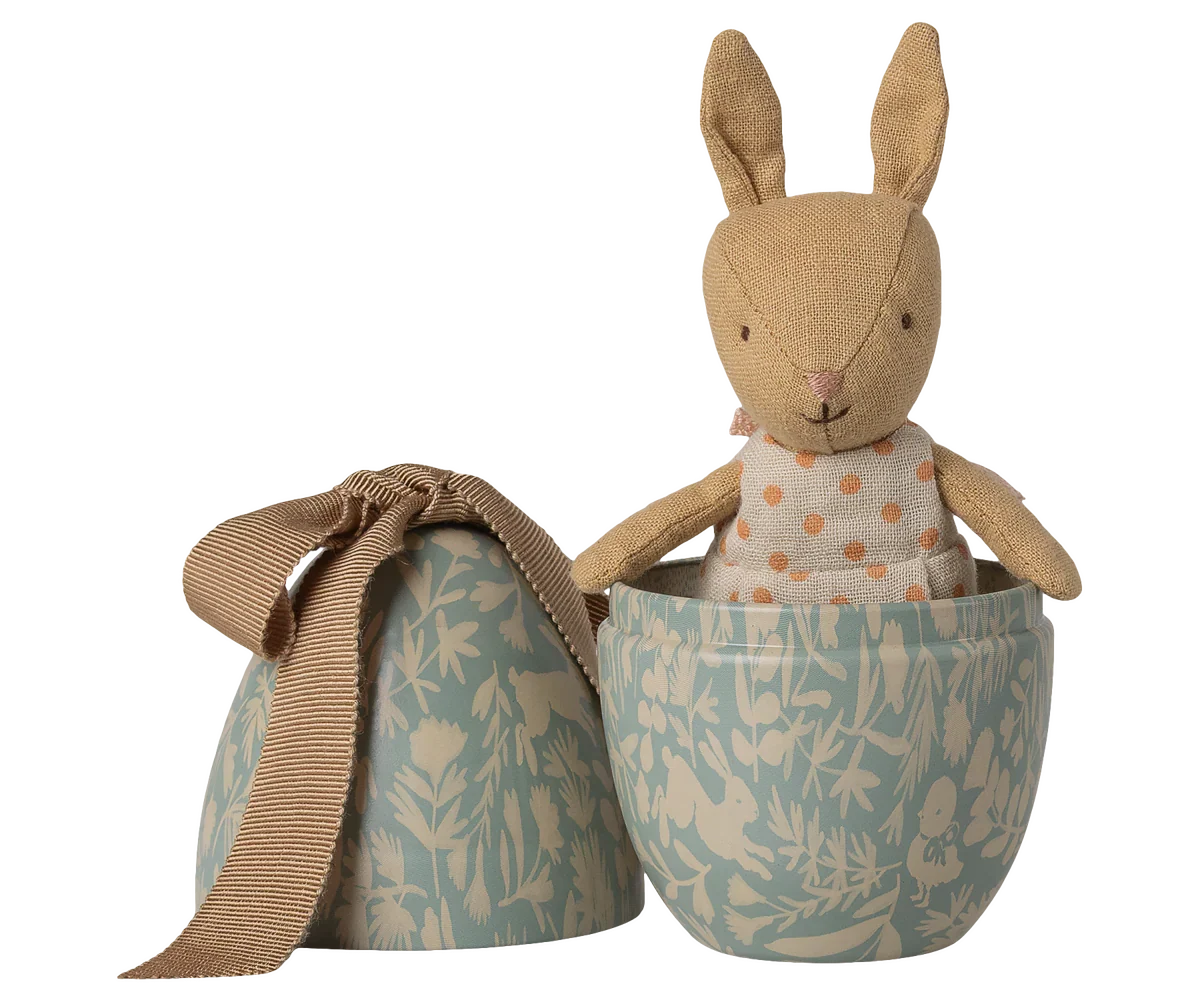 Maileg Easter Egg with Micro Rabbit, Small - Dusty Blue (With Magnetic Hands)