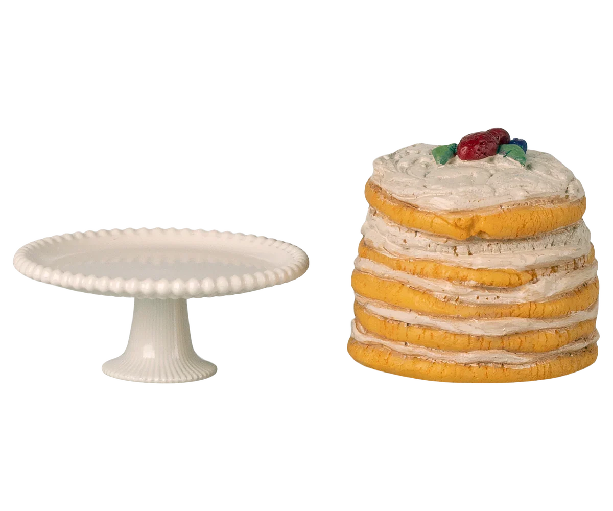 Maileg Party Cake and Cake Stand, Mouse - Off White