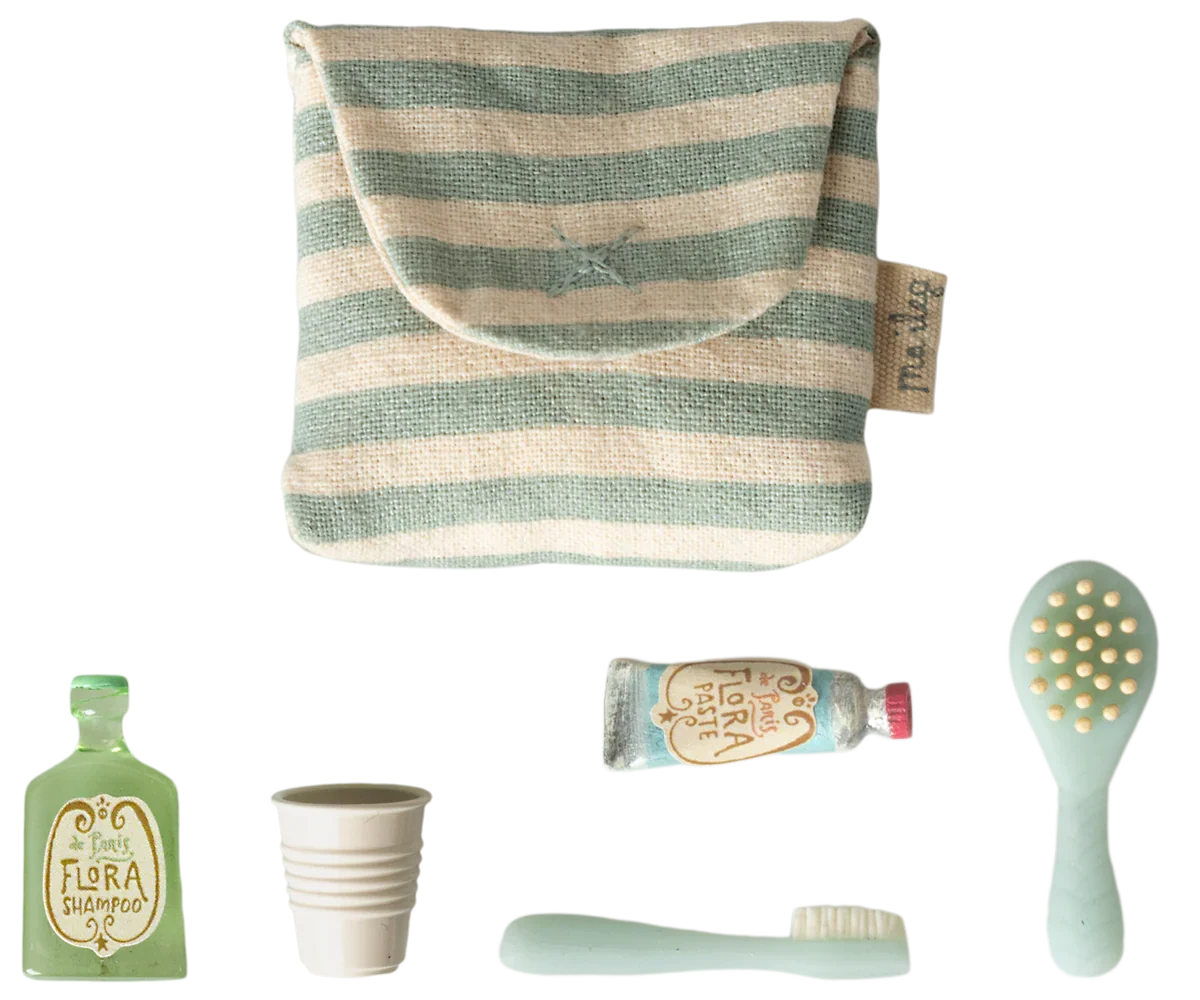 Maileg Toothbrush Set in Bag, Mouse - Blue Stripe