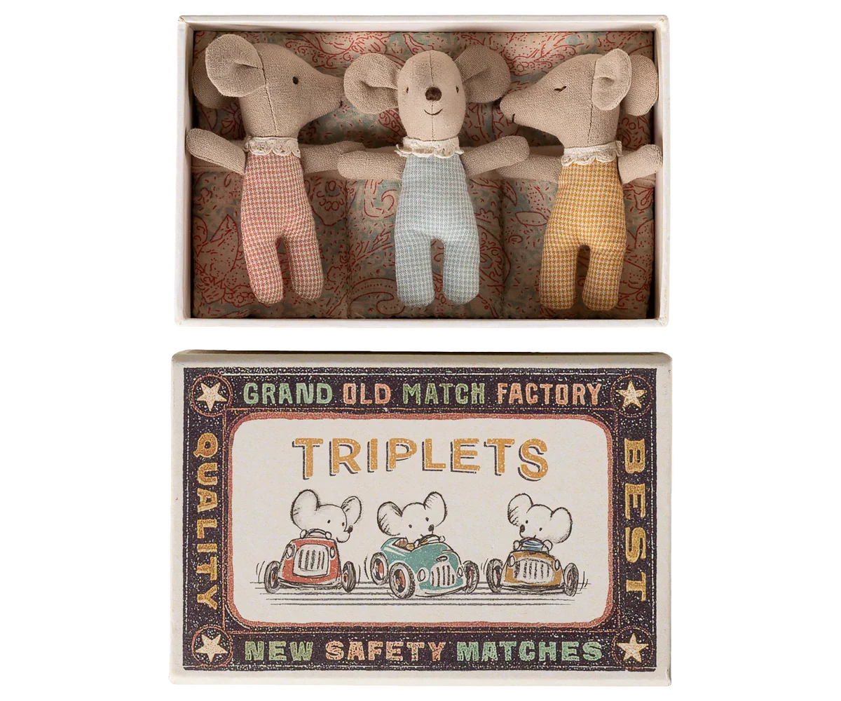 Maileg Triplets, Baby Mice in Matchbox - Checker