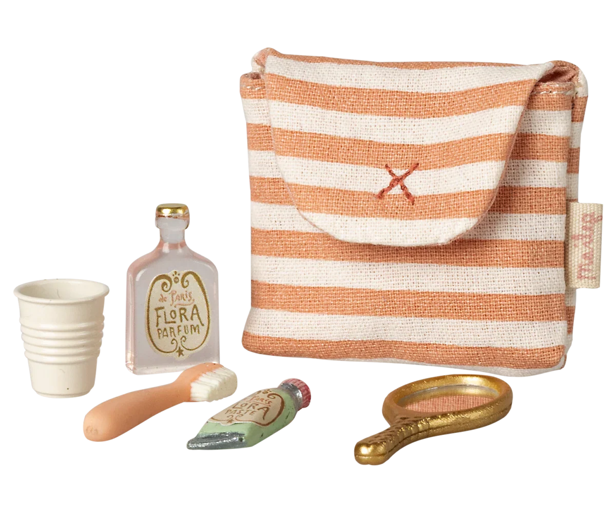 Maileg Toothbrush Set in Bag, Mouse - Coral Stripe