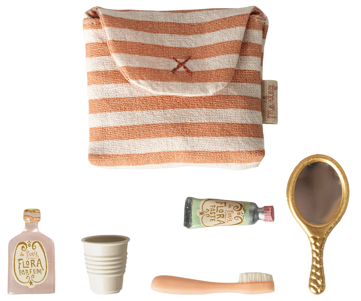 Maileg Toothbrush Set in Bag, Mouse - Coral Stripe