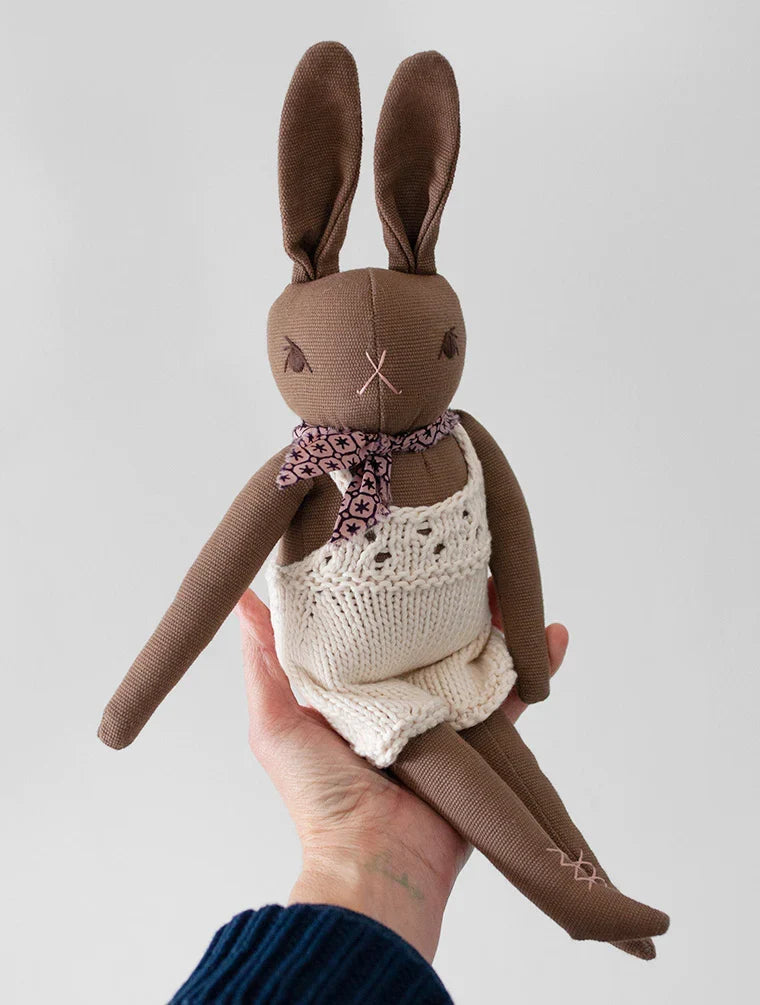 Polka Dot Club Brown Rabbit in Hand Knit Overalls