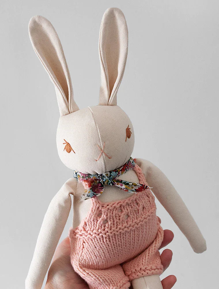 Polka Dot Club Cream Rabbit in Hand Knit Overalls