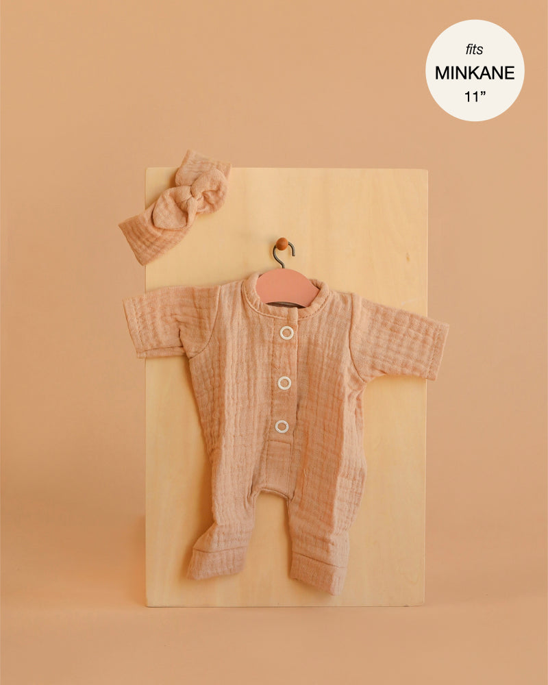 Minikane 11" Doll Clothing | Lili Jumpsuit & Headband in Cotton Gauze - Latte
