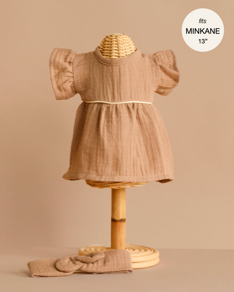 Minikane 13" Doll Clothing | Daisy Dress & Headband in Cotton Gauze - Latte