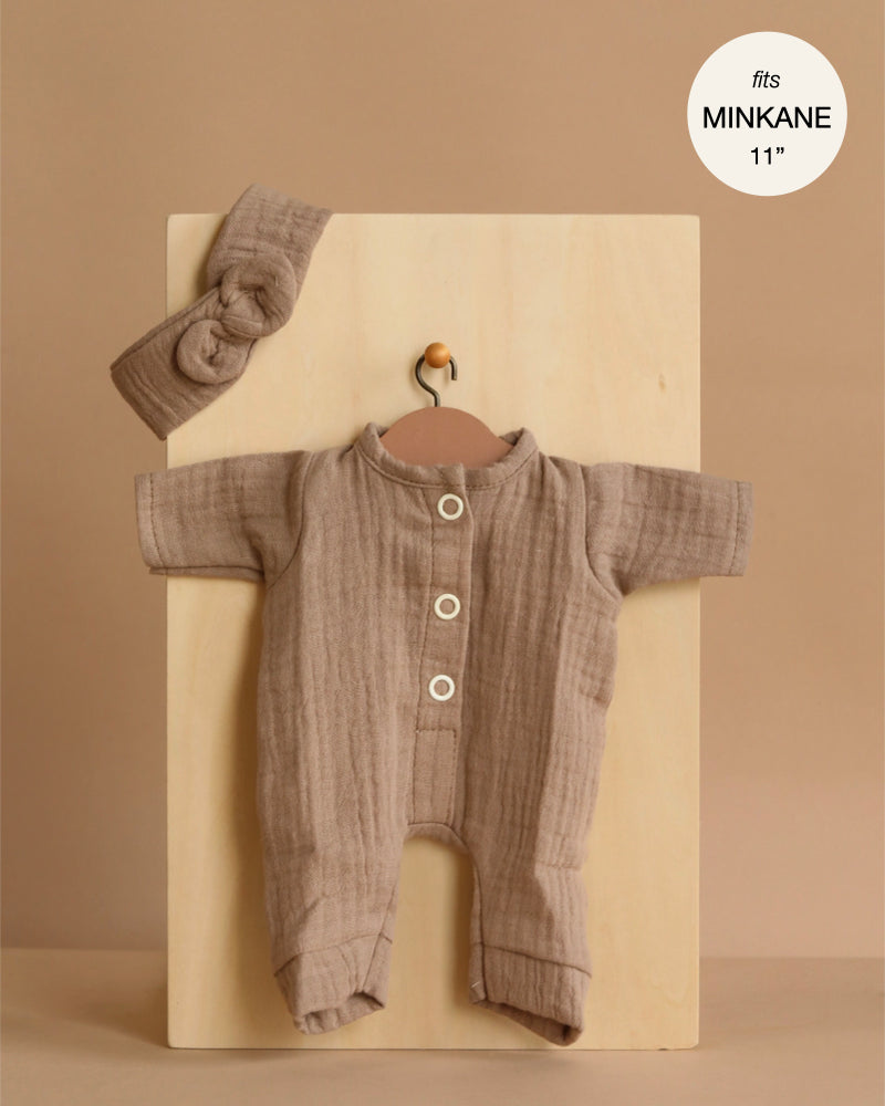Minikane 11" Doll Clothing | Lili Jumpsuit & Headband in Cotton Gauze - Mocha
