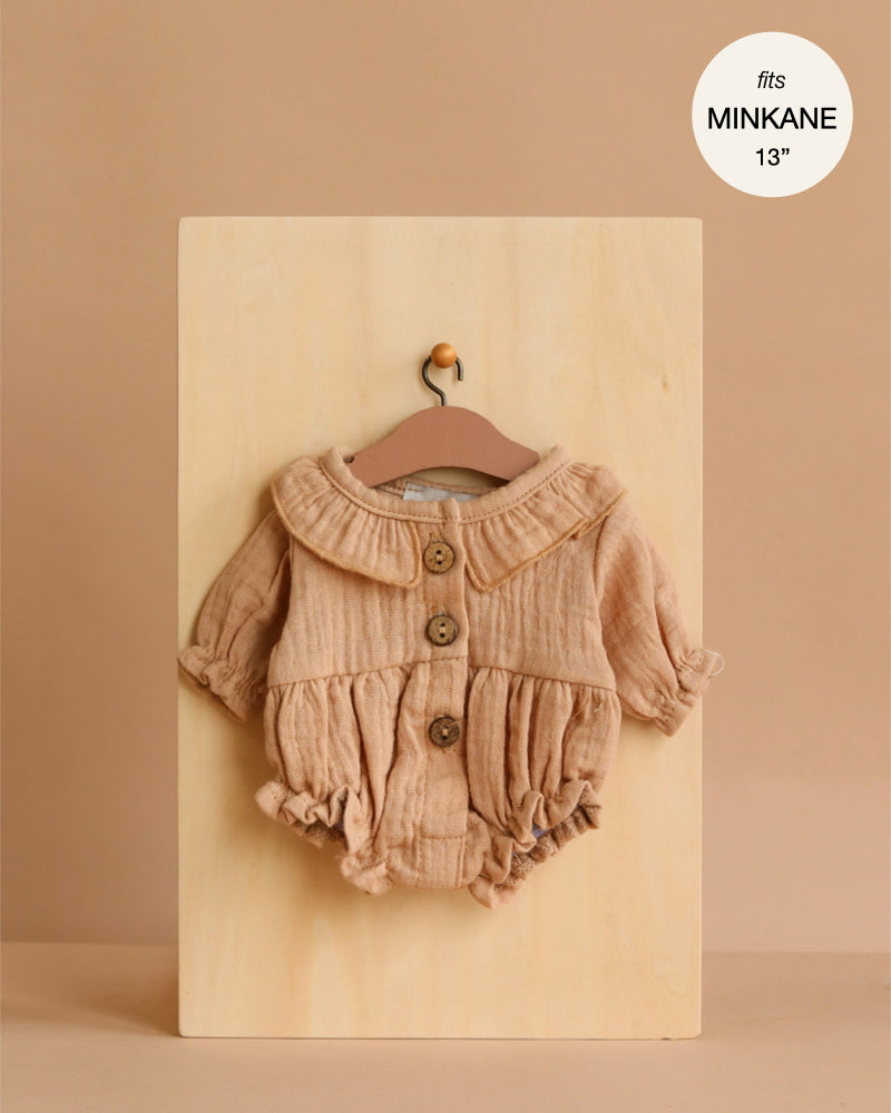 Minikane Doll Clothing | Leonore Ruffled Romper in Cotton Gauze - Mocha
