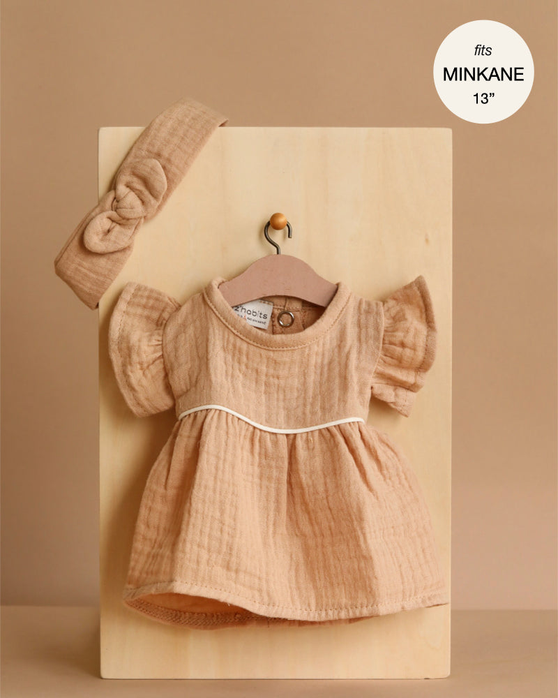 Minikane 13" Doll Clothing | Daisy Dress & Headband in Cotton Gauze - Latte