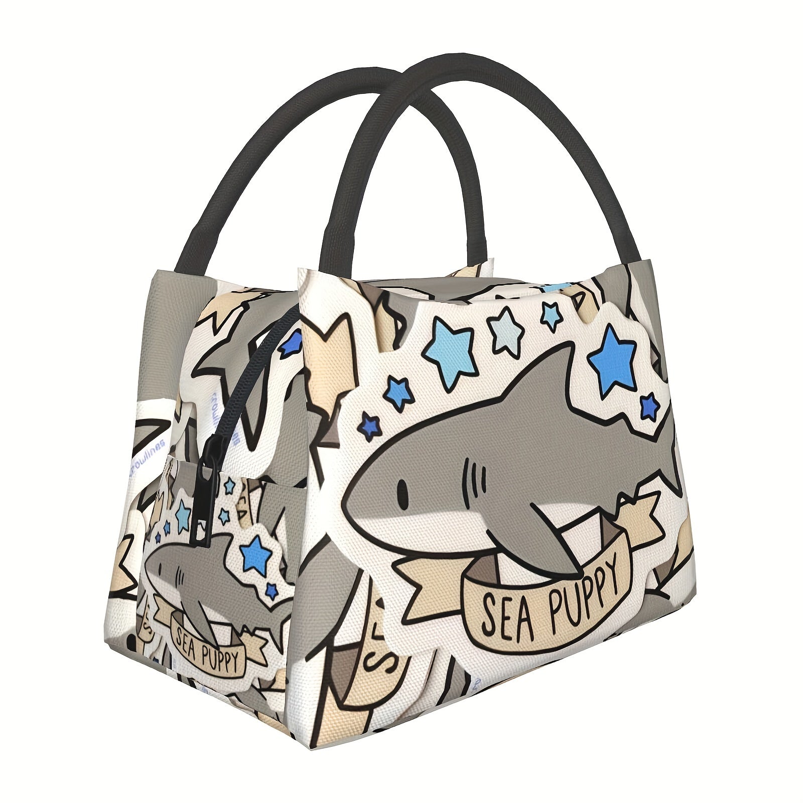 Cooler Bag with Grey Shark Pattern - Portable Reusable Insulated Lunch Bag for Camping, Picnic, Beach, Office, Home & Outdoor Use, Fun Kids & Adults Novelty Cooler Tote, 11 x 6.3 x 6.7 in