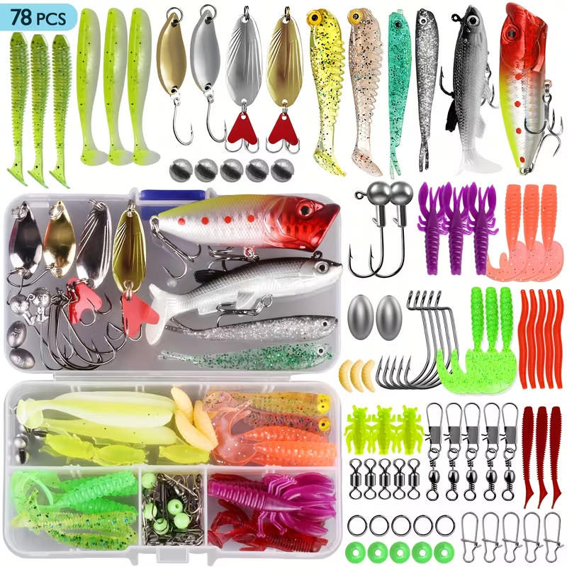 Fishing Lures Kit 78/106/188/361pcs Complete Freshwater Tackle Set with Spoon Lures Soft Plastic Worms Crankbaits Jig Hooks Tackle Box for Bass Trout Salmon Beginners and Experienced Anglers