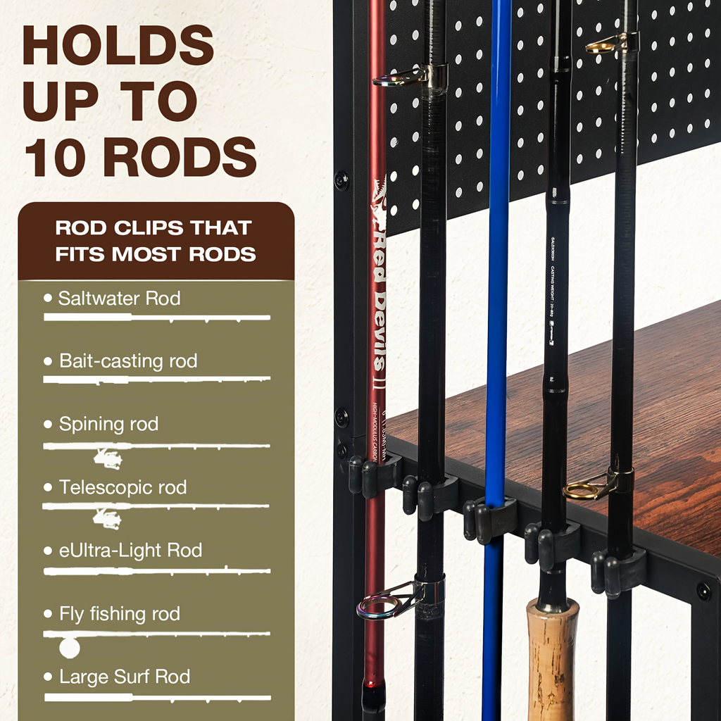 Fishing Rod Holder Rack for Garage Holds Up to 10 Rods Iron Construction with Pegboard Hooks Rolling Wheels Fishing Pole Storage Organizer Fishing Gear Gift for Men and Women