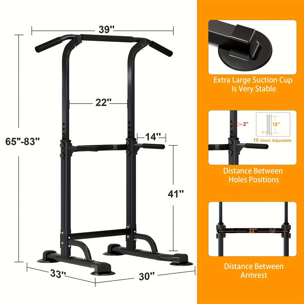 Power Tower Dip Station Pull Up Bar for Home Gym – 330lb Capacity, 10 Height Levels 65"-83", 6 Exercise Positions, H-Base with Suction Cups – Full Body Strength Training Equipment