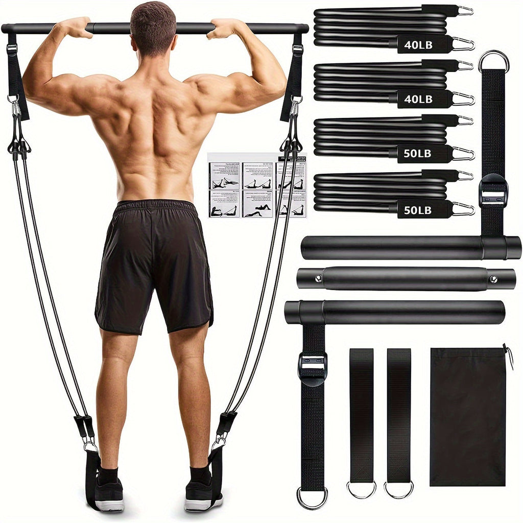 3-Section Pilates Bar Kit – 4 TPE Resistance Bands (40-50 lbs), 2 Ankle Straps & Storage Bag for Legs, Hips, Waist & Arm Yoga Stretching Fitness