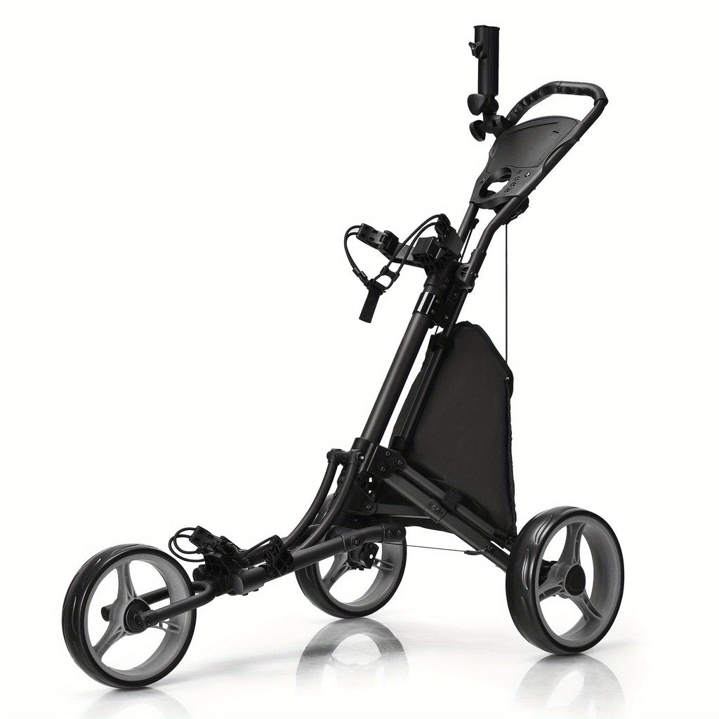 3-Wheel Folding Golf Push Cart Lightweight Aluminum Golf Trolley with Cup Holder Umbrella Holder Scoreboard Storage Bag Foot Brake Adjustable Handle for Golf Clubs
