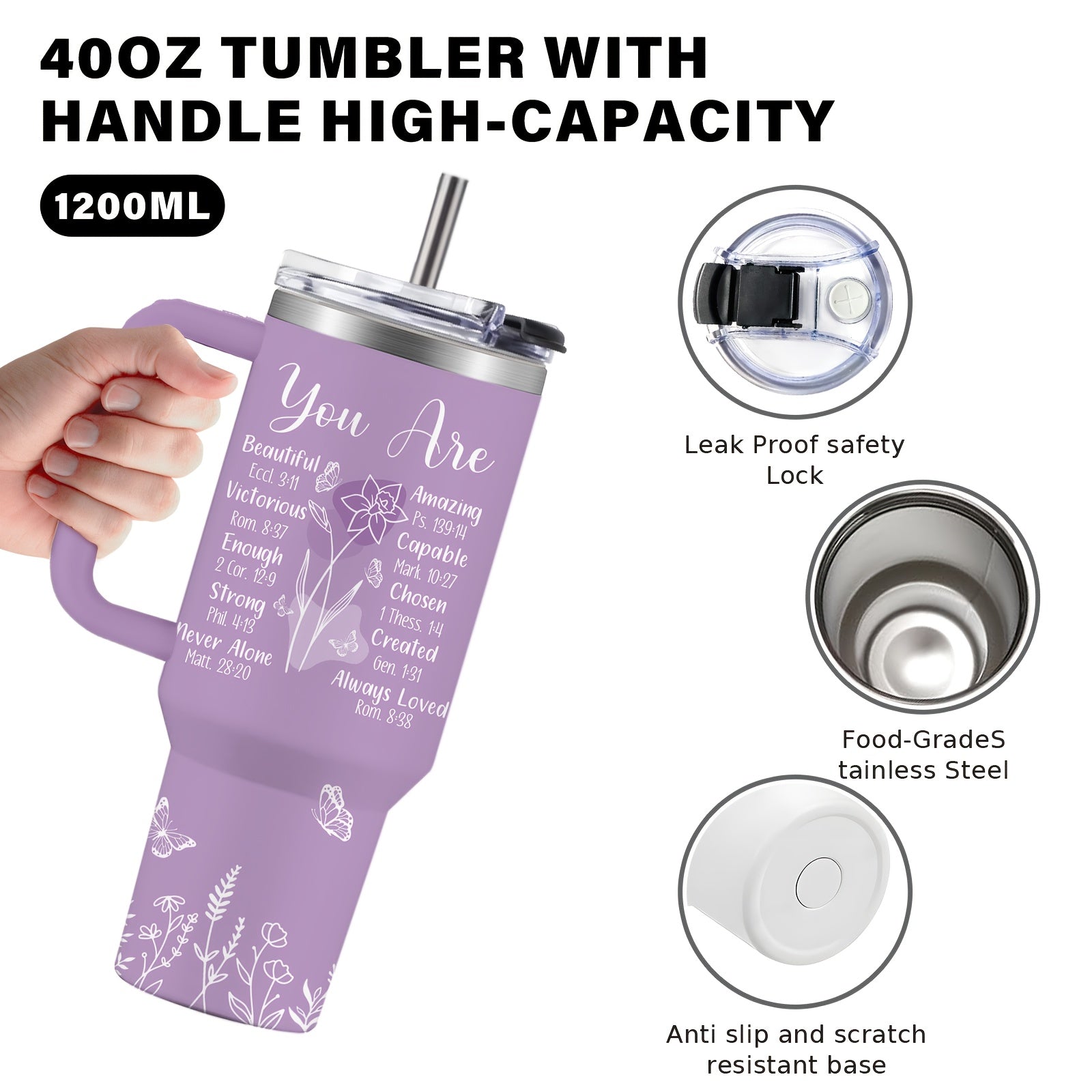 Christian Tumbler 40 oz Insulated with Lid & Straw – Faith-Inspired Religious Gift for Women, Hot & Cold Beverage Cup for Outdoor Sports, Camping & Daily Use, Thoughtful Christian Gift Idea