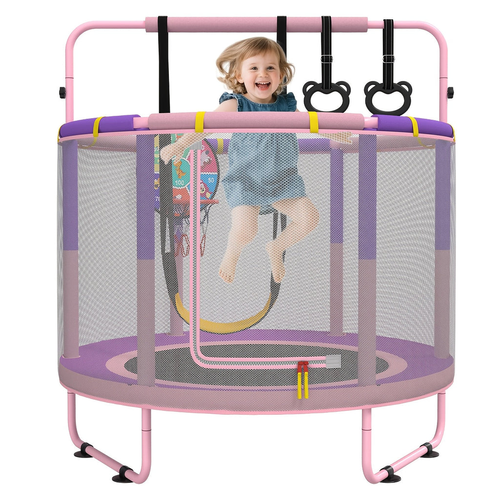 60 Inch Kids Trampoline 6-in-1 with Safety Net Enclosure, Basketball Hoop, Swing, Dart Board & Gymnastic Rings – Indoor Outdoor Toddler Trampoline for Boys Girls, 5ft Fun Activity Center