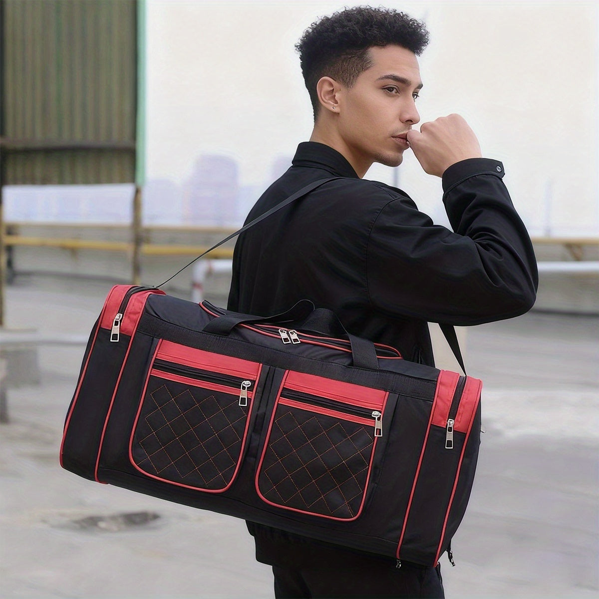 Gym Duffel Bag Large Capacity Travel Bag for Men Women Heavy Duty Polyester Multi Pocket Adjustable Shoulder Strap Zipper Closure for Fitness Workout Weekend Trips Business Travel Outdoor Black Blue Red