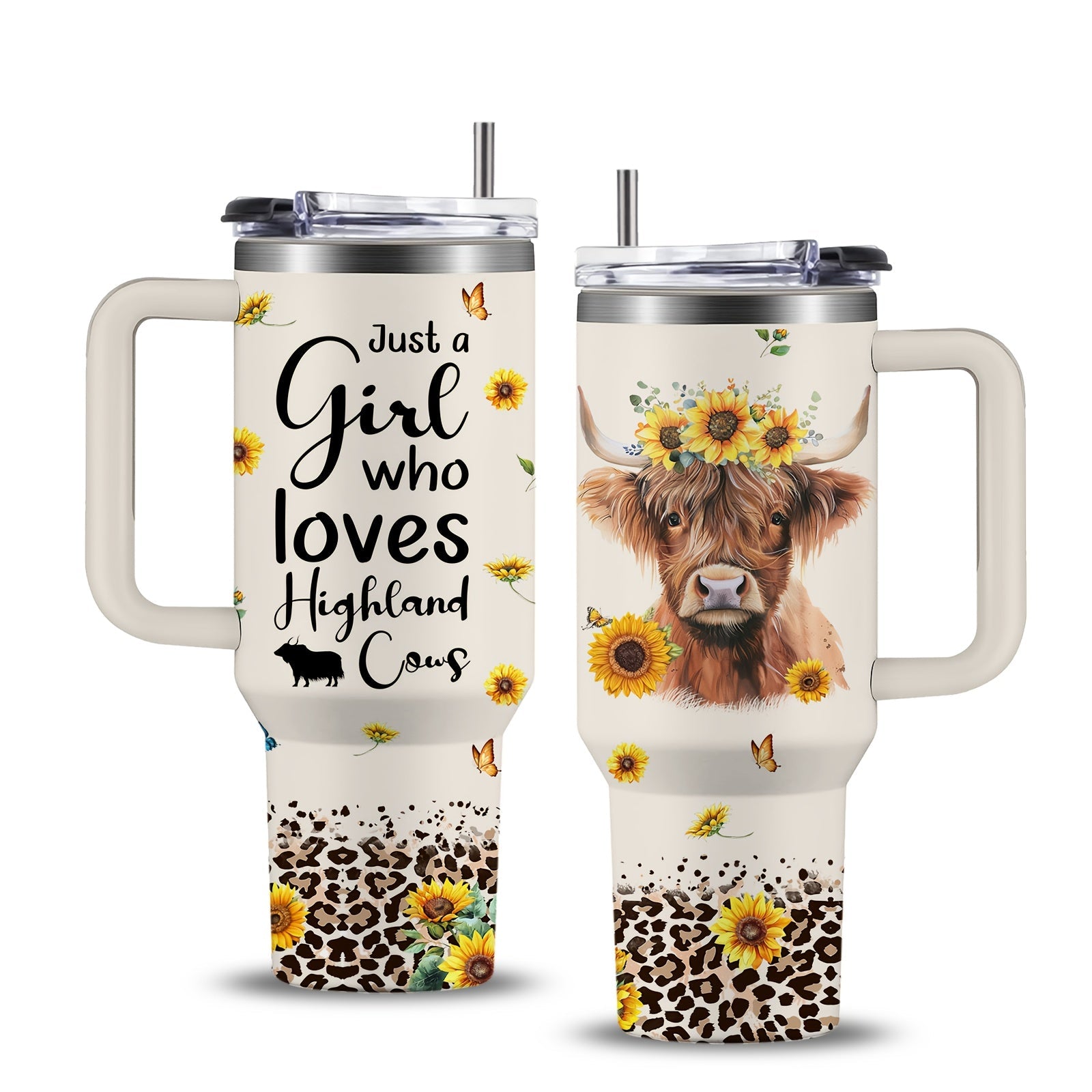 40oz Stainless Steel Tumbler with Handle and Lid - Cow Print Insulated Travel Cup for Hot & Cold Drinks, Double Wall Vacuum Tumbler for Camping, Sports & Outdoor Use, Cute Cow Lover Gift for Birthday & Holiday