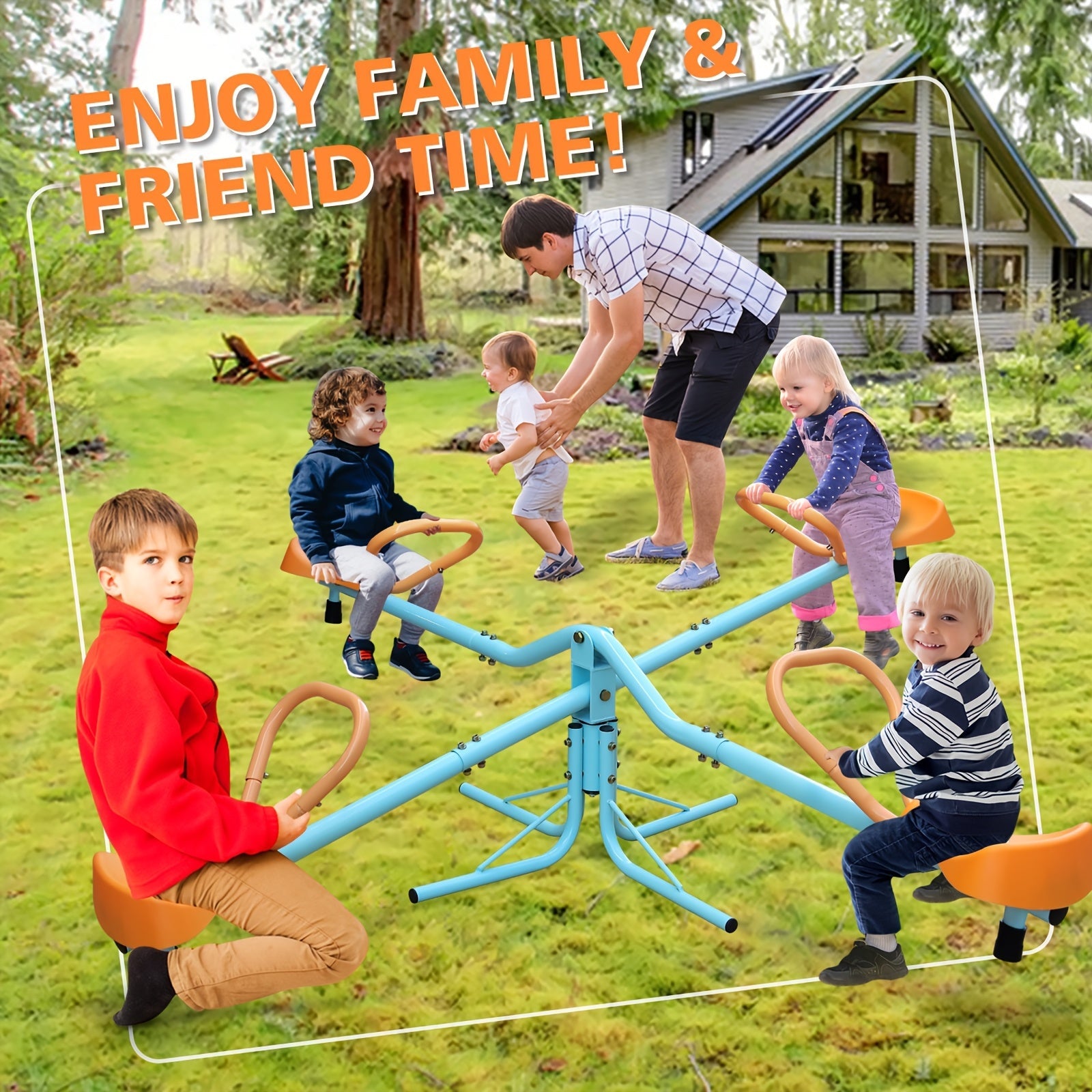 4-Seat Metal Seesaw for Kids Outdoor Backyard Playground – 360 Degree Rotating Teeter Totter with Three-Axle Swivel Design, Sports Field Play Equipment, Assembly Tools Included